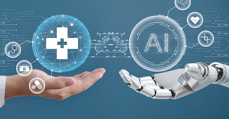 A photo of a hand and an AI hand showing healthcare and AI conceptually.
